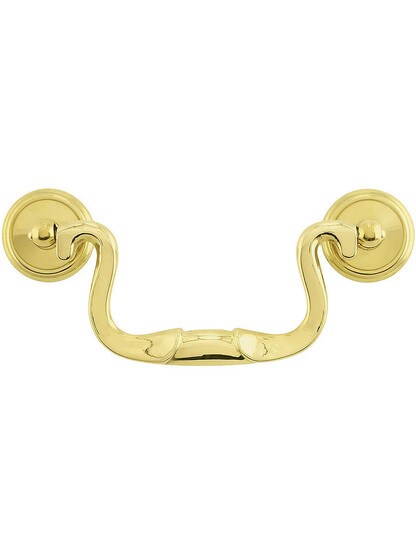 Swan-Neck Brass Banded Bail Pull with Round Rosettes ‚Äì 3 ¬Ω‚Äù Center-to-Center in Polished Brass.